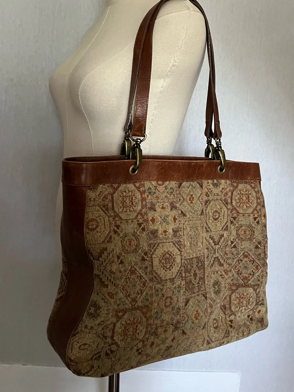 J. Jill Tapestry Genuine Leather Double Handle Tote Bag Bohemian Book Carpet Bag